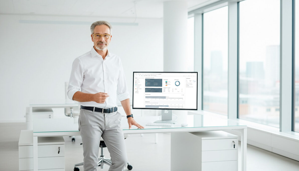 Inhaber und CEO Michael Herzog in der Analysesituation. Weißes Umfeld: Schreibtisch mit Monitor.