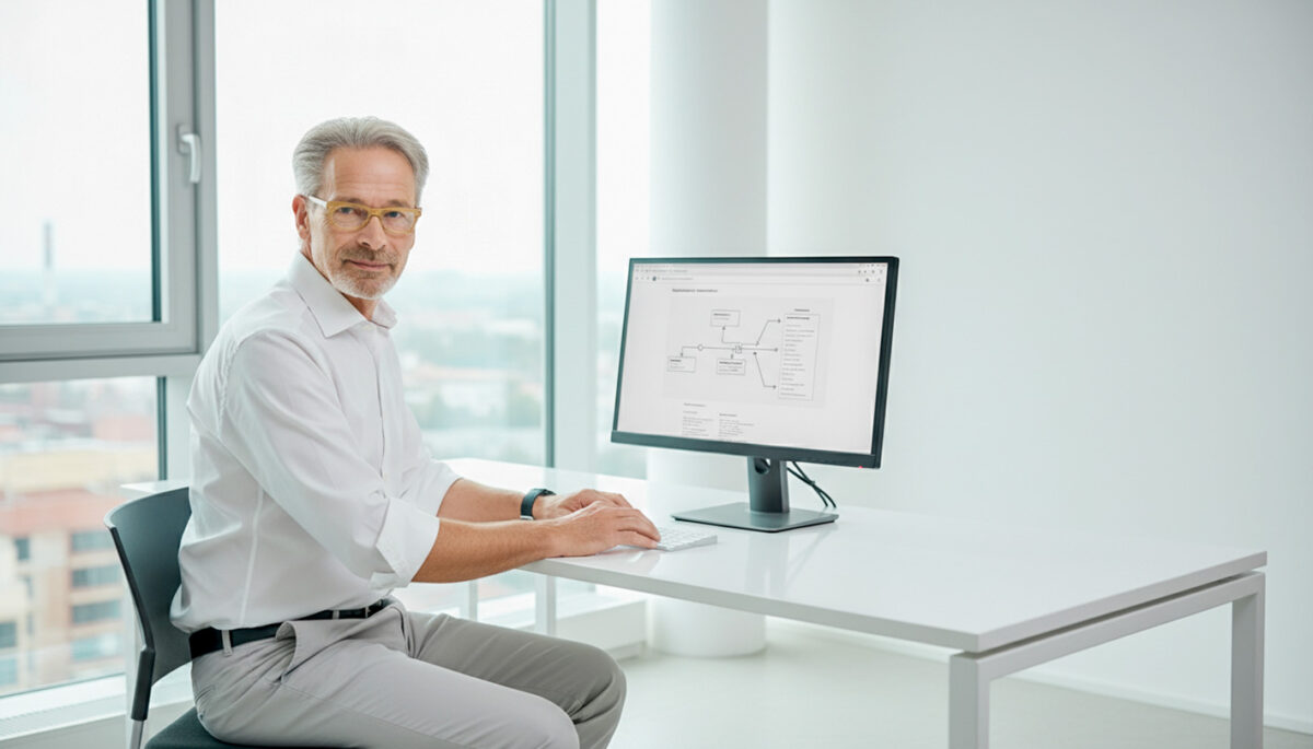 Michael Herzog am Schreibtisch mit Computer. Dargestellt ist ein Workflow