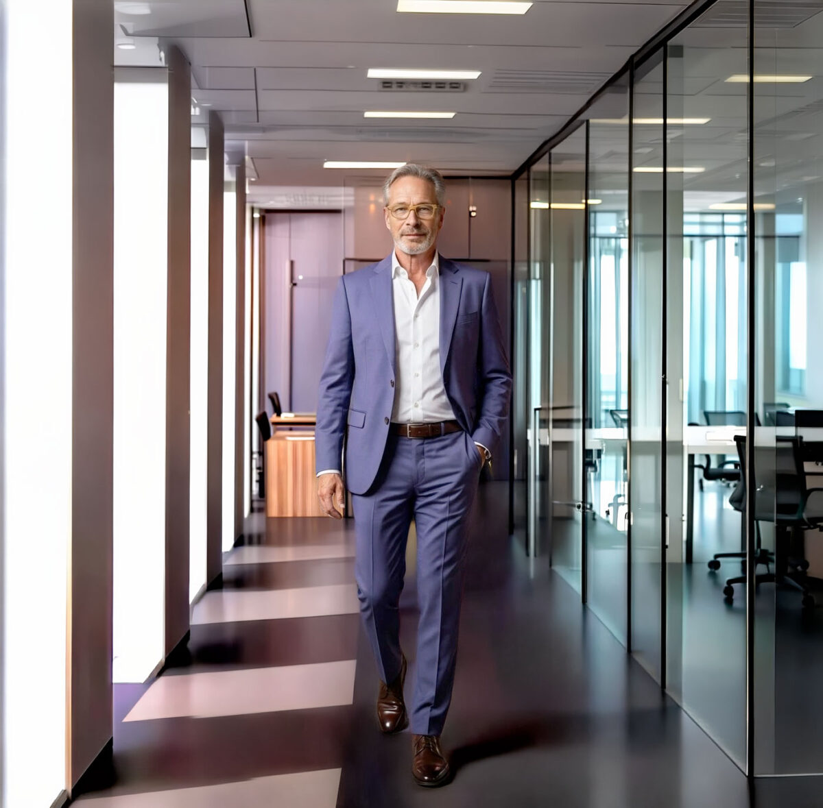 Michael Herzog in der Büroumgebung – läuft den Gang neben den Büros mit Glaswänden entlang.